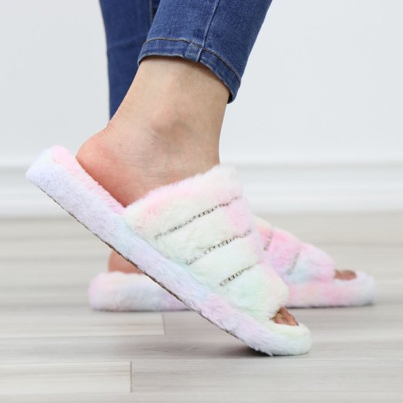Tie Dye Puff Fuzzy Fluffy Slip On Plush Slippers Diamond Accents - Picture 8 of 15